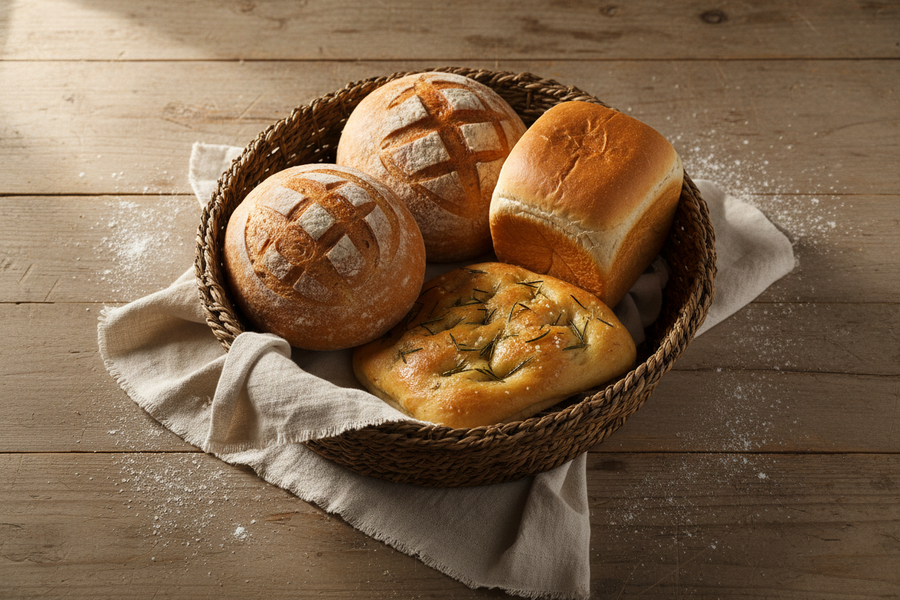 Basket with Two Boules, Sandwich Loaf and Focaccia